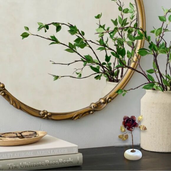 Vintage Single Rose Stem Painted Brass Copper Brutalist Metal Art Marble Base - Picture 2 of 16